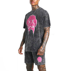 Ensemble T-shirt et short d'été délavé à l'acide, design attrayant avec strass et effet vieilli, broderie personnalisée, sérigraphie, tissu respirant - Product Image 1