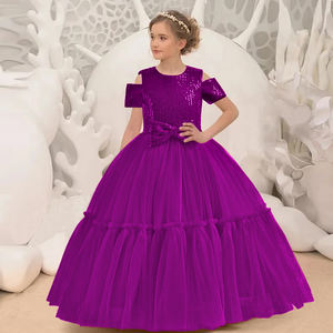 Vestido Morado de Boutique con Lentejuelas y Flores para Niña, Vestido de Terciopelo con Bordado de Manga Corta, Vestidos Morados para Cumpleaños de Niñas, Trajes Formales para Bodas y Fiestas - Product Image 1