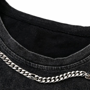 Men's <b>Black</b> Washed Sleeveless Tank Top With Chain Decoration Street Style O-Neck <b>Knitted</b> Cotton <b>Vest</b> Cotton Workout Fitness - Product Image 2