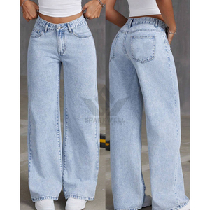 Jeans de mezclilla de mujer azul claro de pierna ancha, cintura alta, con abertura lateral, ajuste holgado, largo completo, pantalones casuales de pierna recta a la moda - Product Image 4
