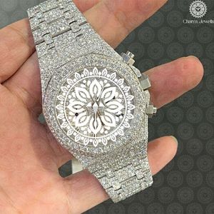 Charm Jewells Montre de luxe pour hommes en acier inoxydable avec chronographe incrusté de diamants, analogique à quartz, boîtier rond de 42 mm, fermoir pliant - Product Image 4