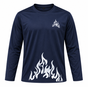 <b>Men's</b> Long Sleeve Half Striped Printed Navy Casual <b>Shirt</b> Quick Dry Sporty 100% Cotton Summer - Product Image 1