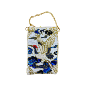 Bolso bandolera para teléfono hecho a mano con cuentas de semillas y correa de cadena dorada, diseño de grulla blanca y nubes azules, bolsos personalizados para teléfono. - Product Image 6