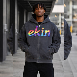 Ekin Custom Grey 100% Cotton <b>Fleece</b> Embroidered Oversize Boxy Acid Washed Rhinestone Dtg Print Hoodie - Product Image 3
