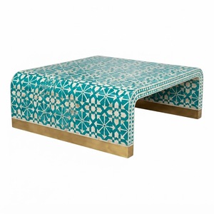 Mesa de Centro Cuadrada de Lujo Personalizada con Incrustaciones de Hueso Azul, Diseño Floral Hecho a Mano, Resina, para Sala de Estar, Estilo Tradicional Indio - Product Image 4