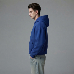 <b>Men's</b> <b>Blue</b> Hooded Zip-Up Sweatshirt Solid Color Cotton French Terry Casual Autumn Style Regular Fit Front Logo Printing - Product Image 5