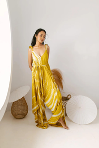 Womens Yellow Plaid <b>Boho</b> Maxi Dress Sleeveless V Neck Flowy Beach Vacation Cotton Eco Friendly - Product Image 3