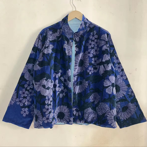 <b>Women</b> Blue Floral Velvet <b>Jacket</b> Boho Printed Short Coat Vintage Style <b>Lightweight</b> Ethnic Outerwear - Product Image 1