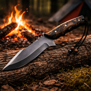 Cuchillo de caza y camping hecho a mano, hoja de acero de Damasco, punta de caída, filo recto, 4 mm de grosor, mango de madera, funda de cuero - Product Image 4