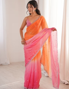 Sari de Diseño KV Satin Orange con Adornos y Blusa sin Coser - Product Image 5
