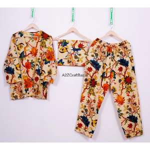 Pijamas de Algodón 100% Puro para Mujer, Cuello en V, Transpirables, Suaves, con Cintura Elástica, Ropa de Dormir - Product Image 1