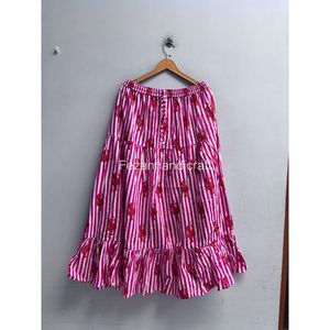 Jupe trapèze rose rayée à imprimé homard pour femme, taille élastique, volants, mi-mollet, décontractée, en coton, pour l'été - Product Image 1