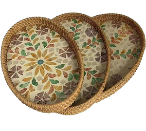 Shaped Rattan Mother Pearl <b>Storage</b> Trays Set 3 Pink Floral Liner Classic Dishwasher Safe Food <b>Stackable</b> Table Neatening - Product Image 1
