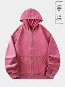 High Quality Retro Washed Fleece Hoodies Oversized Casual Unisex <b>Pink</b> Metal Zipper Streetwear Custom Aesthetic Blank Apparel - Product Image 4