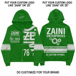 Sudadera con capucha verde de 350 gramos de algodón suave y poliéster tejido, con cremallera, adornos de tachuelas, logotipo personalizado, estampado DTF, bordado, anti-bolitas, OEM - Product Image 1