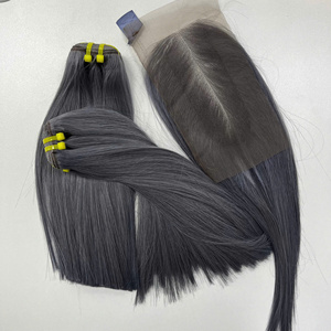 Prix de gros 100% brut vierge vietnamien humain dentelle trame os droite Smokie gris couleur Super Double Drawn Extensions de cheveux - Product Image 2