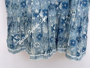 Mini vestido Maxi para mujer con estampado de flores azul y blanco de algodón indio recién llegado - Product Image 3