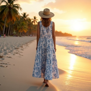 Maxi vestido femenino y gratis para mujer Boho verano sin mangas ALine con ligero viaje atractivo blanco azul vides estampado - Product Image 1