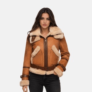 Custom <b>Women</b> Genuine Sheepskin Shearling <b>Jacket</b> Winter Warm Thick Faux Fur Collar Leather Aviator Bomber Coat B3 Flight - Product Image 5
