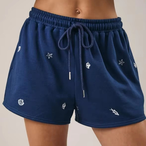 Blue Embroidered Knitted Women's Shorts <b>Set</b> Loose Fit Casual Wear Mid Waist Drawstring Design Breathable Cotton Fabric - Product Image 6