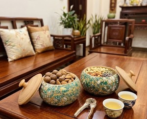Pot décoratif artisanal en mosaïque d'œufs avec couvercle en bambou tressé, récipient pour bonbons, feuilles de thé, snacks secs et décoration rustique pour la maison - Product Image 5