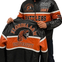 Veste universitaire Florida A&M University Rattlers en cuir véritable noir, orange et blanc, fermeture éclair sur le devant, logo brodé HBCU 1887, longue