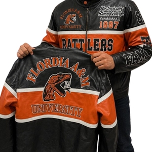 Florida A&M University Rattlers Varsity <b>Jacket</b> Genuine Leather Black Orange White Zipper Front Logo Embroidered HBCU 1887 Long - Product Image 4