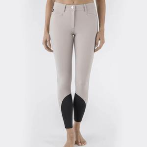 <b>Women</b> High Waist Full Length Equestrian Breeches With Knee Patches And Button Fly Closure <b>Black</b> Knitted Spandex Nylon <b>Pants</b> - Product Image 1