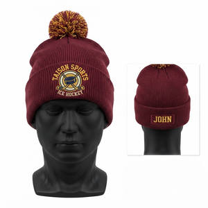 Bonnet de hockey sur glace en tricot côtelé acrylique 280 GSM de qualité supérieure, avec broderie personnalisée et pompon, couleur bordeaux, pour l'hiver - Product Image 1