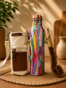 Pure Copper Eco-friendly Water <b>Bottle</b> Hexagon Pattern Portable Travel with Cleaning <b>Brush</b> Minimalist Design Home Use - Product Image 4