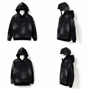 Sweat à capuche unisexe épais noir délavé avec strass, finition délavée, épaules tombantes, poche kangourou, style streetwear - Product Image 4