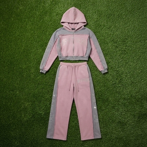 Conjunto de Sudadera Corta con Cremallera y Pantalones Jogger de Pierna Ancha para Mujer, con Bloques de Color y Detalles de Pedrería, Estilo Urbano - Product Image 5