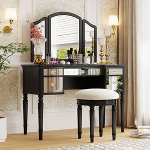 43\" Black <b>Makeup</b> <b>Vanity</b> Set for Bedroom Dressing Table with Tri-fold Mirror and Mirrored Drawers Including Stool - Product Image 1