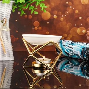 Brûleur de cire moderne en métal doré avec bol en céramique, support géométrique pour bougie chauffe-plat, diffuseur d'huiles essentielles pour aromathérapie, décoration d'intérieur - Product Image 4