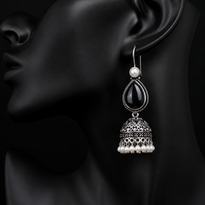 Black Onyx Pearl Oxidized Jhumka <b>Earrings</b> | Vintage Teardrop Bell <b>Earrings</b> for Women - Product Image 5