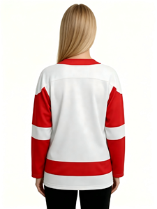 Maillot de hockey sur glace pour femmes, blanc et rouge, manches longues, col en V, en maille polyester anti-humidité, vêtement de sport - Product Image 4