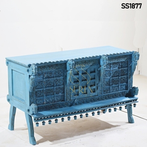Handmade Indian Design Solid Wood Carved Blue Distress Damchiya Trunk for Living Room - Product Image 3
