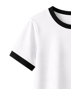 Ensemble de détente pour femmes blanc avec bordure contrastante noire, t-shirt à manches courtes et short, tenue deux pièces en coton mélangé doux et respirant - Product Image 5