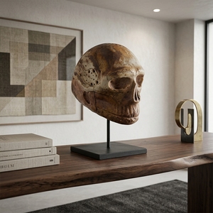 Soporte para Cráneo, Escultura de Cráneo Humano de Madera Hecha a Mano, Decoración Rústica Gótica para Mesa, Obra de Arte Decorativa con Soporte de Metal, Adorno para el Hogar - Product Image 5