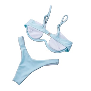 Bordado de las mujeres 2PCS Bikini Set Color sólido de alambre acolchado en forma de V hebilla trasera sujetador triángulo bragas de cintura alta - Product Image 2