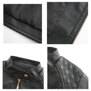 <b>Women's</b> Dark <b>Brown</b> PU Leather Motorcycle <b>Jacket</b> Stand Collar Quilted Zipper Long Sleeve Moto Coat Autumn - Product Image 5