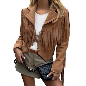 Brown <b>Suede</b> Leather <b>Jacket</b> with Tassel Fringe Turn-down Collar Casual Autumn Slim Fit Short Length Breathable <b>Men</b> - Product Image 1