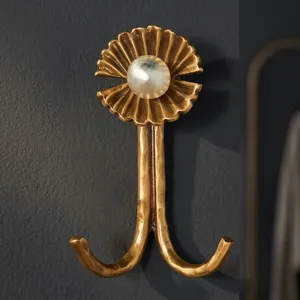 Gold Pearl Flower Wall <b>Hook</b> Metal Floral Shaped Double Coat Hanger Decorative Utility <b>Hook</b> For Entryway <b>Kitchen</b> Bathroom Decor - Product Image 4