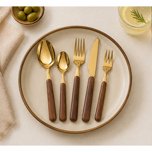Juego de Cubiertos de Acero Inoxidable Dorado de Diseño de Lujo con Mangos Ergonómicos de Madera, Acabado Pulido Espejo, Cubertería Ecológica para la Venta - Product Image 6