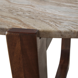 Table basse de salon moderne, durable et écologique, avec plateau rond en marbre travertin et pieds pliants en bois de manguier massif finition marron - Product Image 4