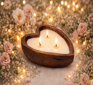 Handcrafted Heart Shaped Wooden Heart Shaped Wooden <b>Candle</b> Bowl With Three <b>Wick</b> <b>Candle</b> For Home Decor Home Decoration Christmas - Product Image 4