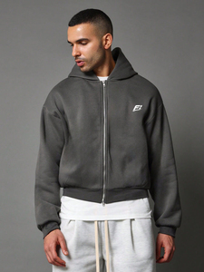 Sweat à capuche zippé épais et lourd gris foncé pour homme, coupe oversize et courte, avec logo personnalisé, épaules tombantes, double fermeture éclair, 100% coton, hiver, USA, Y2K - Product Image 1
