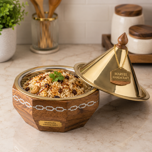 Cazuela Aislada de Madera Premium Marvel Handicraft con Tapa de Acero Inoxidable Dorado |   Recipiente de Lujo para Calentar y Servir Alimentos en Casa - Product Image 3