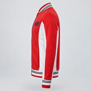 Veste universitaire rouge et blanche pour homme, fermeture éclair sur le devant, logo brodé, style sportif, coupe classique, col rabattu, vêtement d'extérieur en polaire - Product Image 4