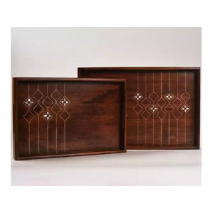 Plateau de service élégant en bois avec motifs floraux incrustés de nacre et poignées intégrées, idéal pour la décoration et le service dans les maisons modernes - Product Image 5